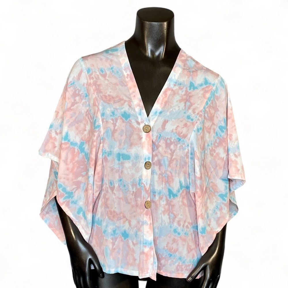 Pastel Button Down Blouse Wide Sleeve Loose Fit Lightweight Summer Wear One SZ